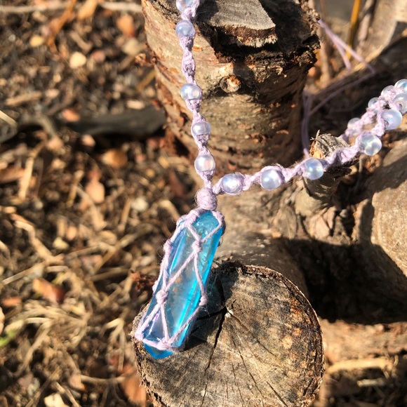 Aqua Aura Quartz Macrame Beaded Necklace - Picture 6 of 8